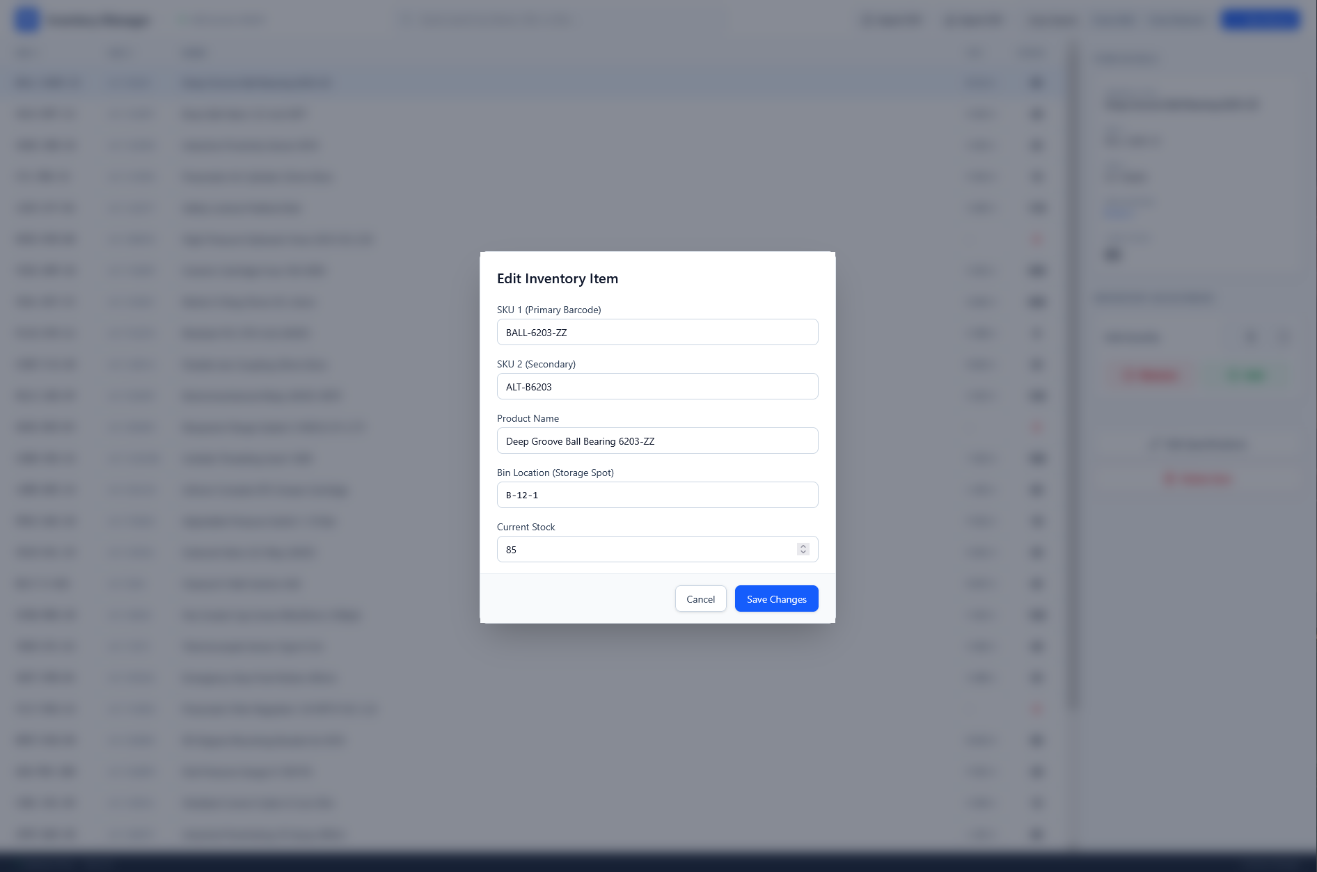 Inventory Manager edit item modal