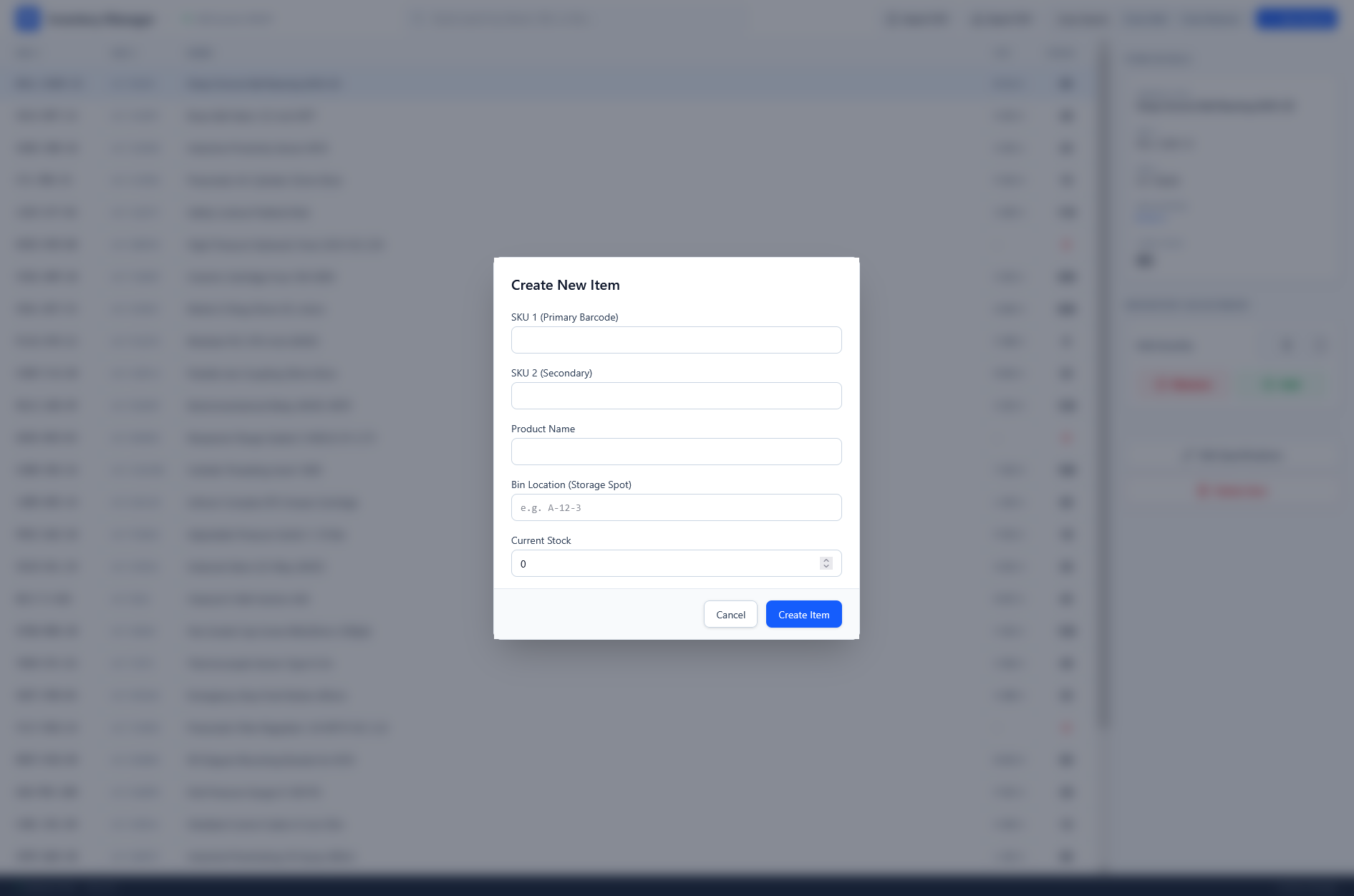 Inventory Manager create new item modal