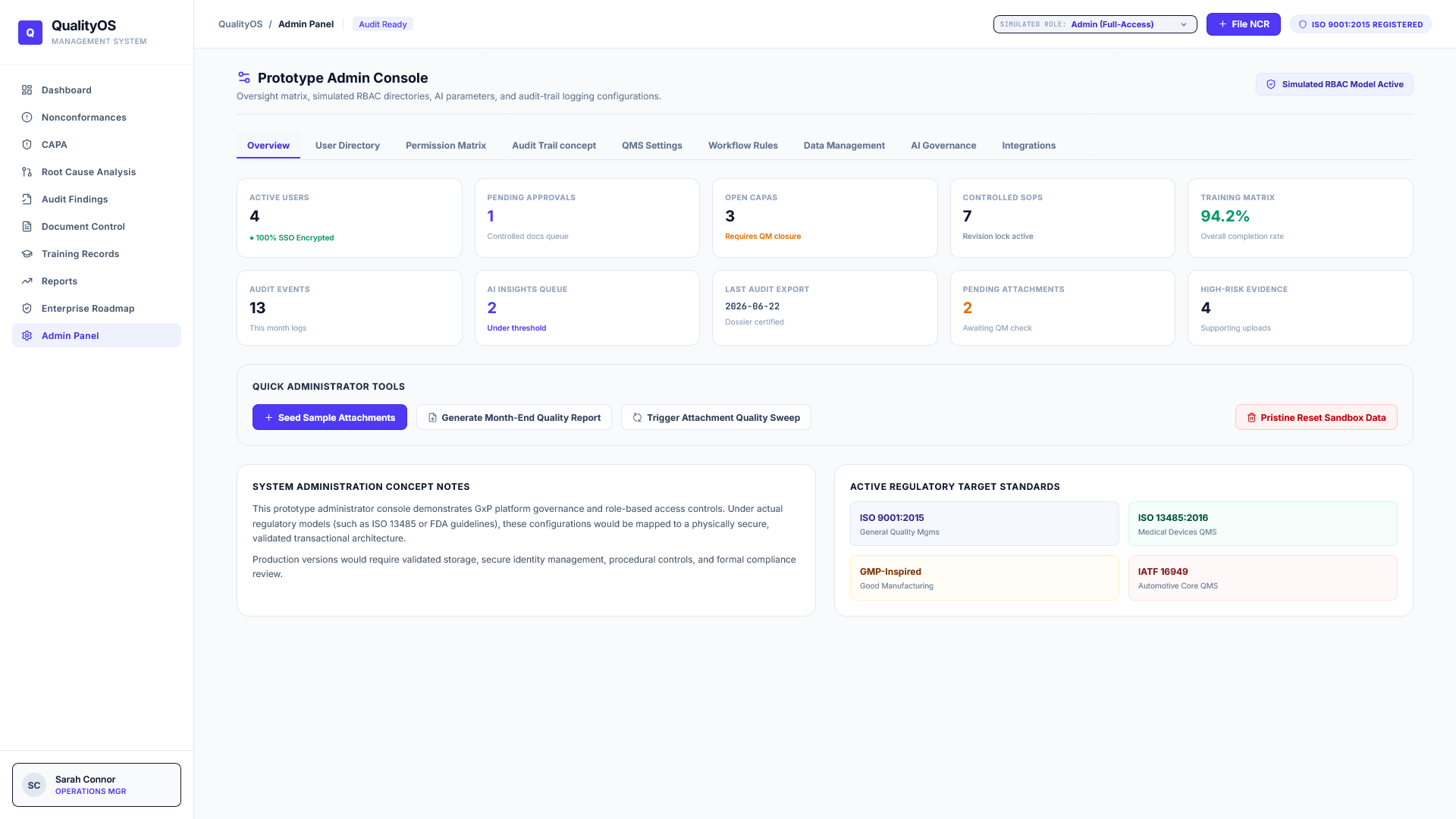 QualityOS admin panel