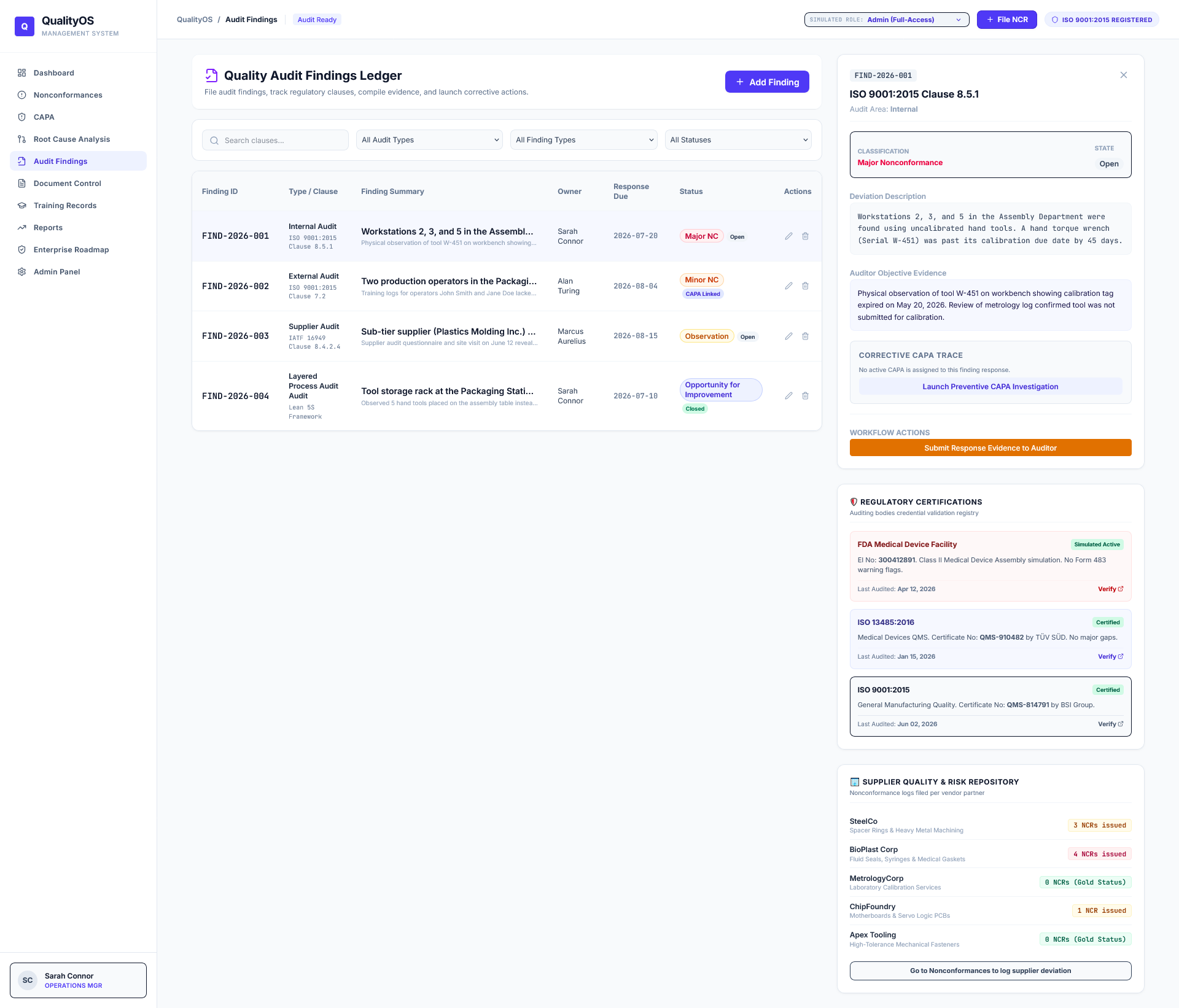 QualityOS audit findings ledger