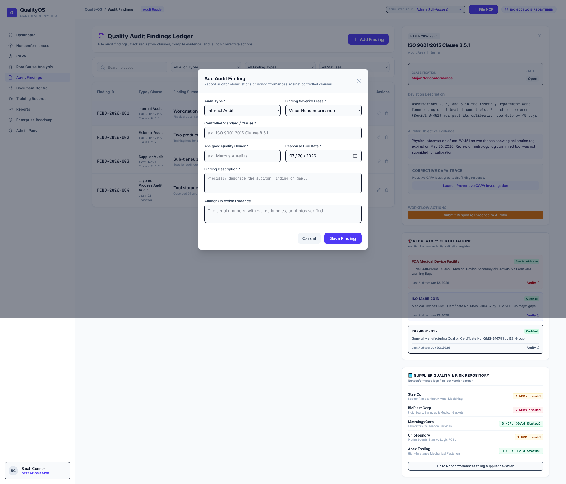 QualityOS audit finding form
