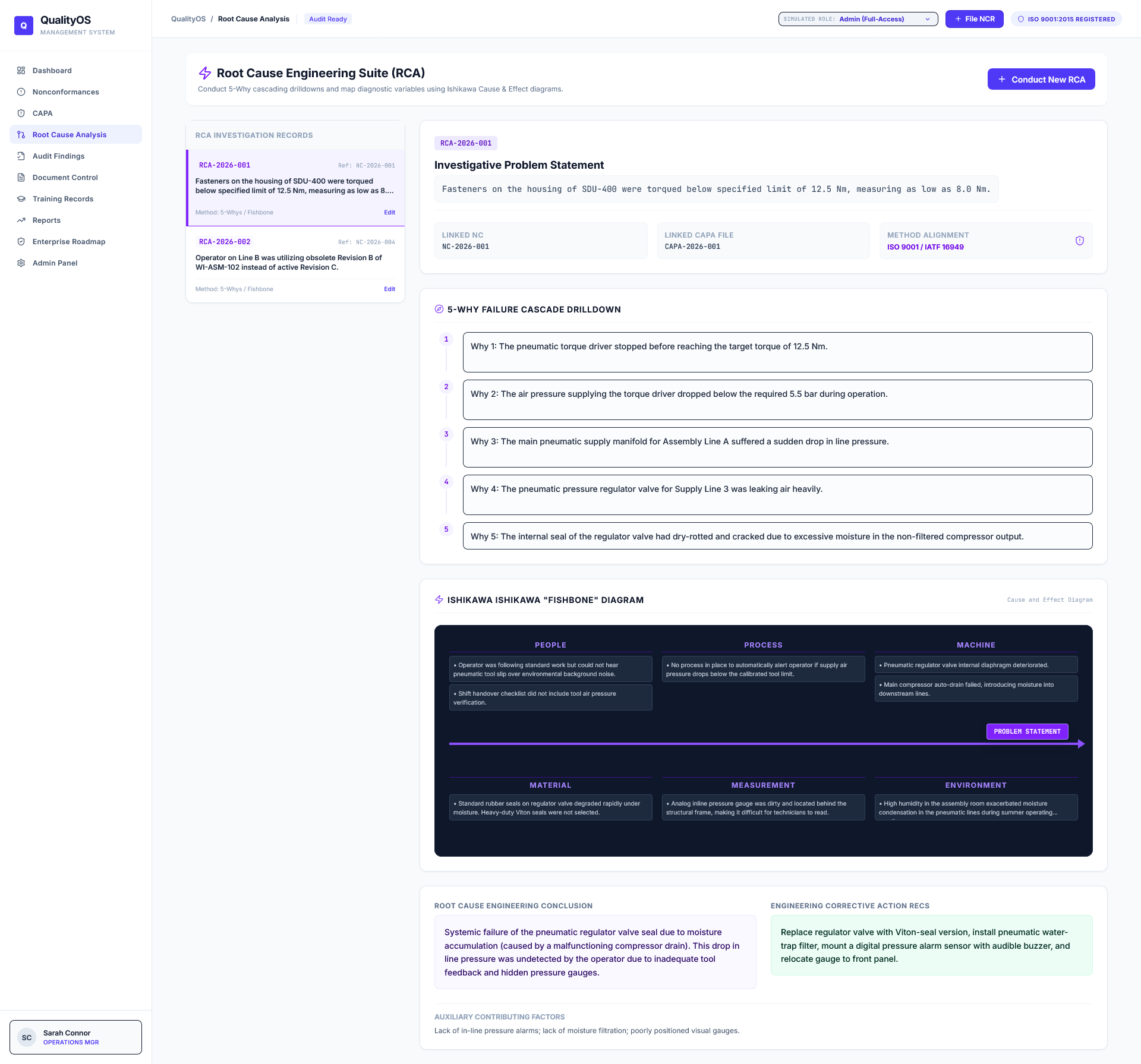 QualityOS root cause analysis workspace